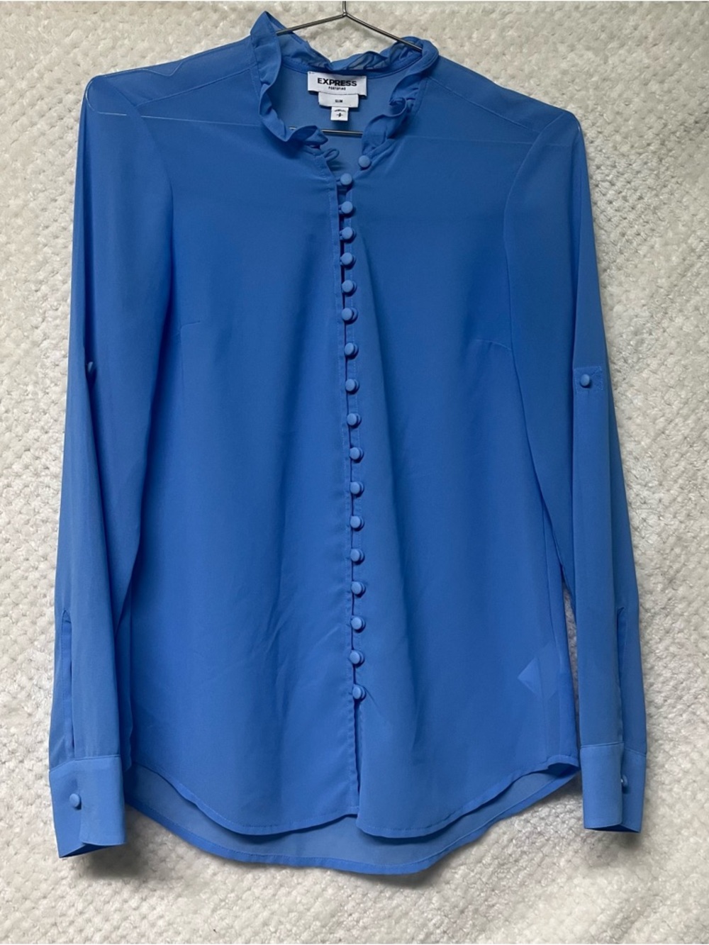 Express Long Sleeve Blouse Blue Ruffle-Neck Button Front Blouse Lightweight Sz S